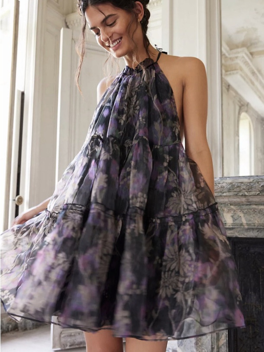 Free People Black and Purple Floral Halter Mini Dress